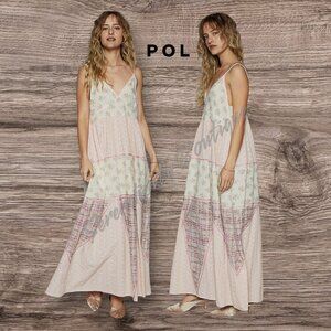 POL Pink Patchwork Floral & Plaid Tiered Oversize Cotton Cami Strap Maxi Dress